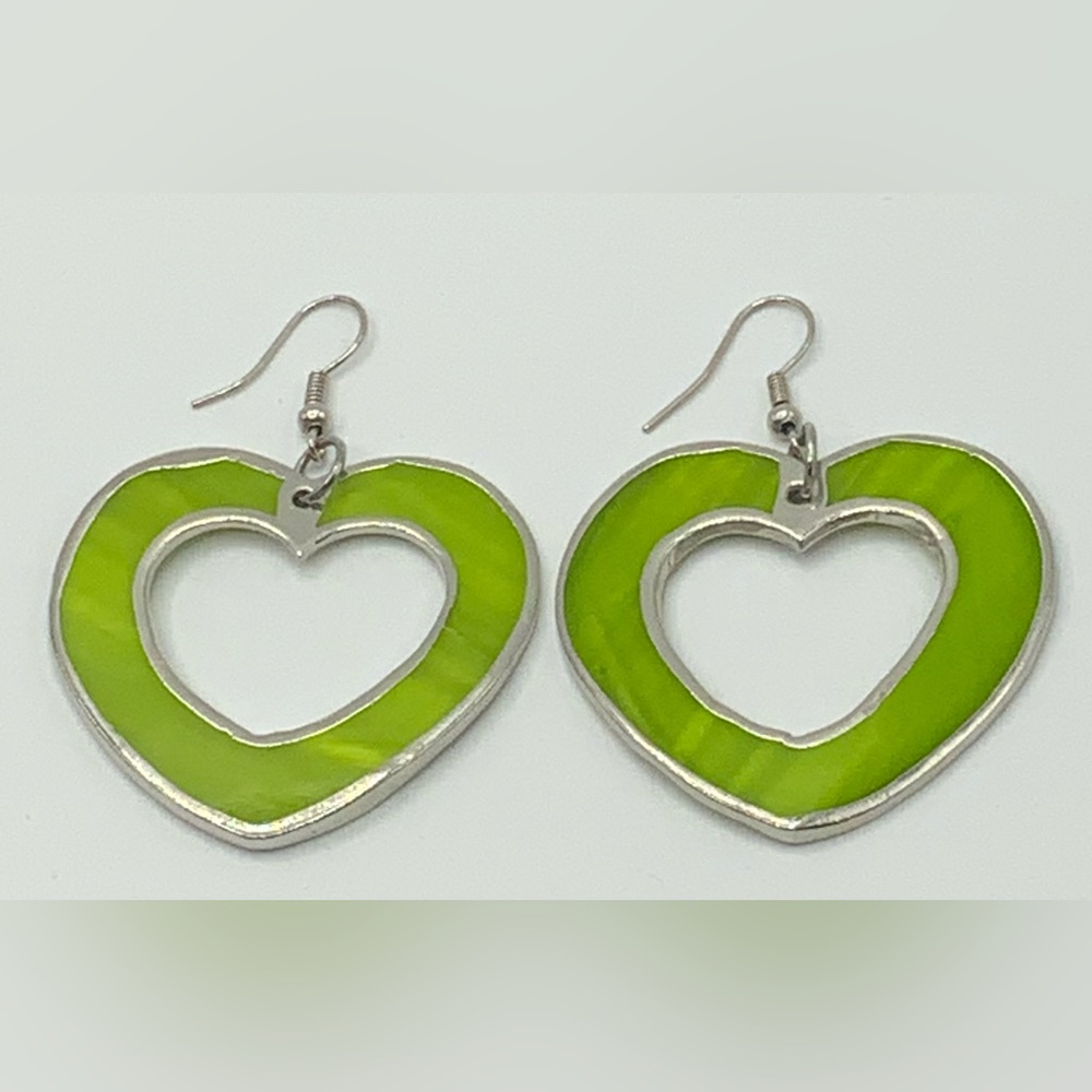 Lime Green and silver tone Heart dangle earrings . Fairly lightweight. Fun!
